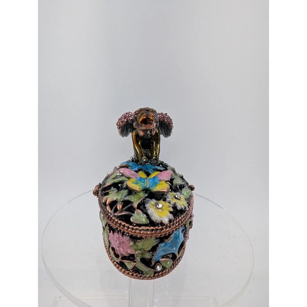 Bejeweled Cherub Angel With Butterfly Floral Trinket Box‎